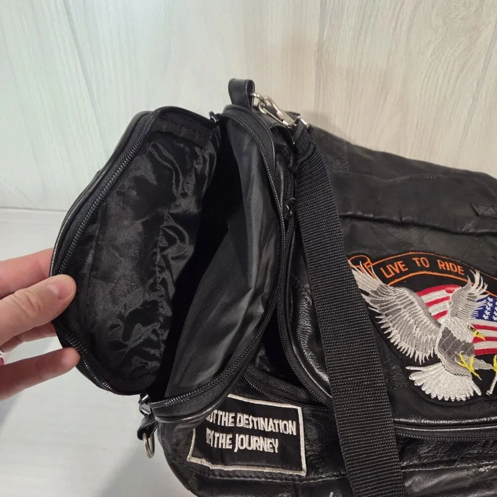 Genuine Buffalo Leather Motorcycle Bag Live to Ride Eagle USA Flag Patches Black